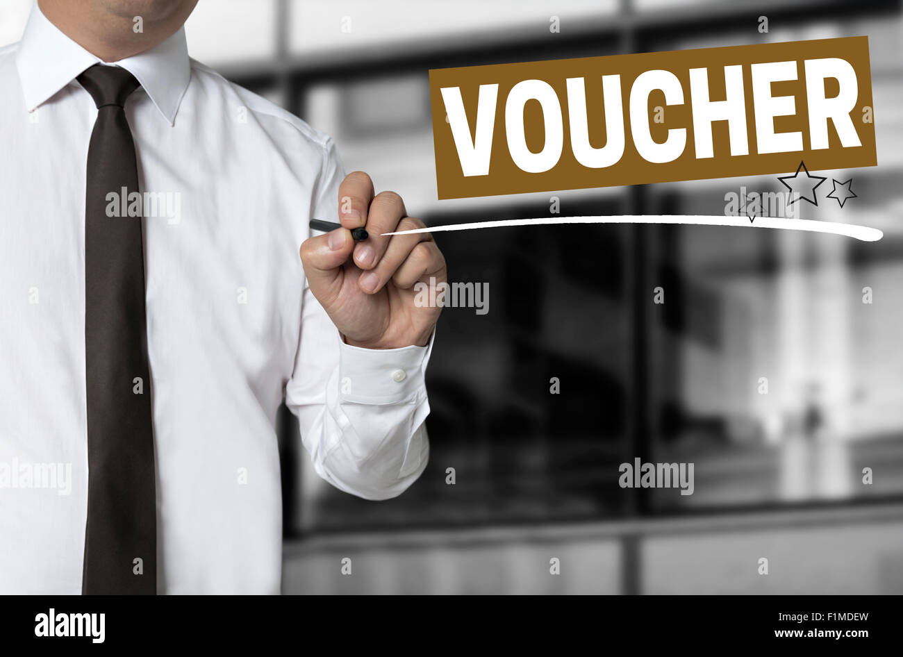 voucher is written by businessman background. Stock Photo