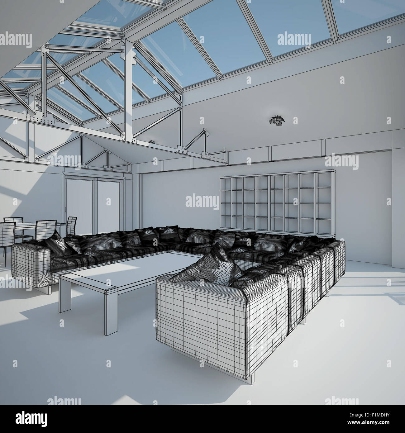 3D interior rendering of a living room Stock Photo
