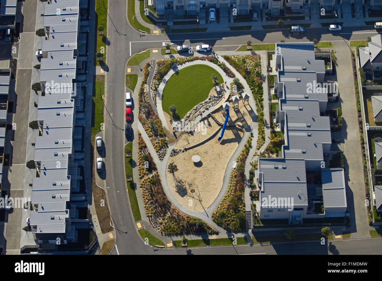 Playground at Stonefields housing development, Mount Wellington, Auckland, North Island, New Zealand - aerial Stock Photo