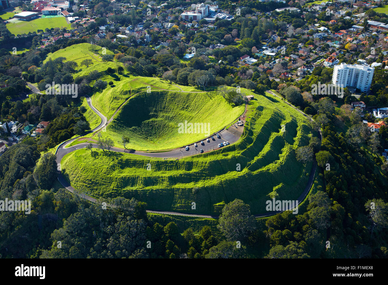 Volcanic crater, Mt Eden, ( historic Maori pa site ), Auckland, North Island, New Zealand - aerial Stock Photo