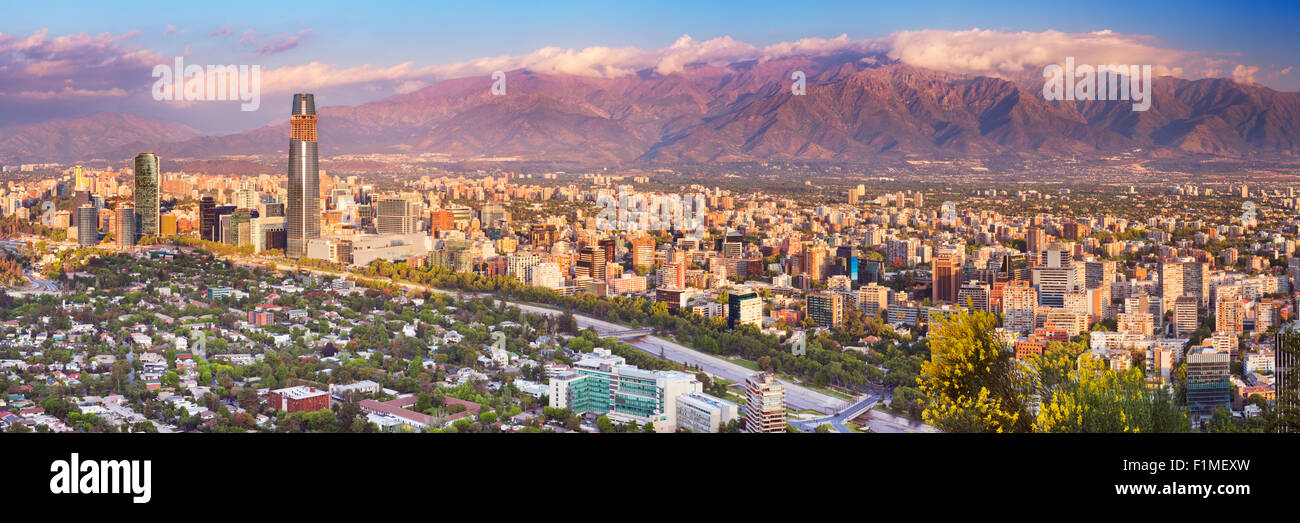 The skyline of Santiago in Chile. Photographed from Cerro San Cristobal at sunset. Stock Photo