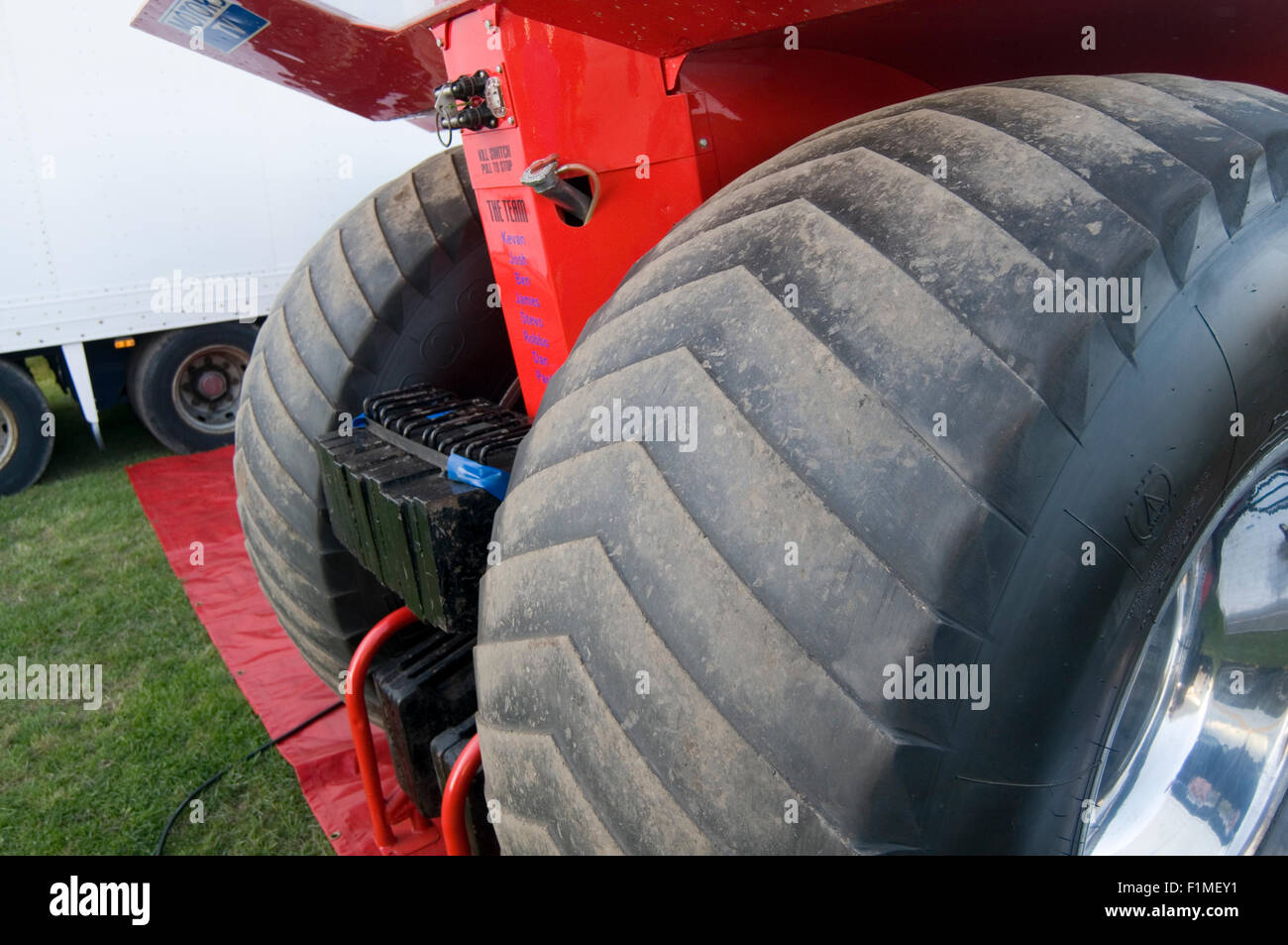 shaved down tires on a tractor puller Stock Photo
