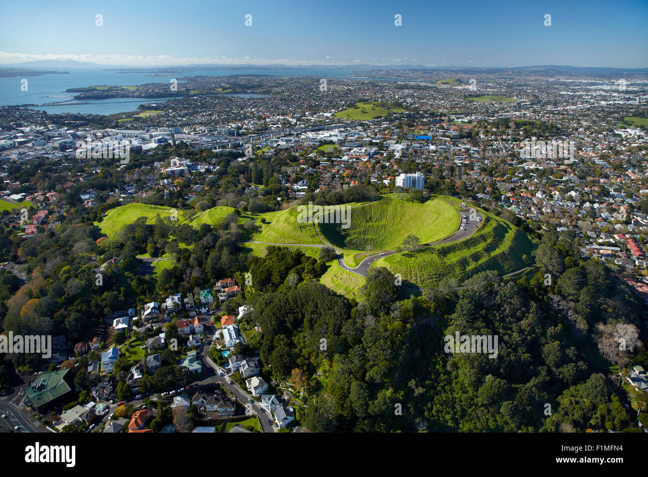 Volcanic crater, Mt Eden Domain, ( historic Maori pa site ), Auckland, North Island, New Zealand - aerial Stock Photo