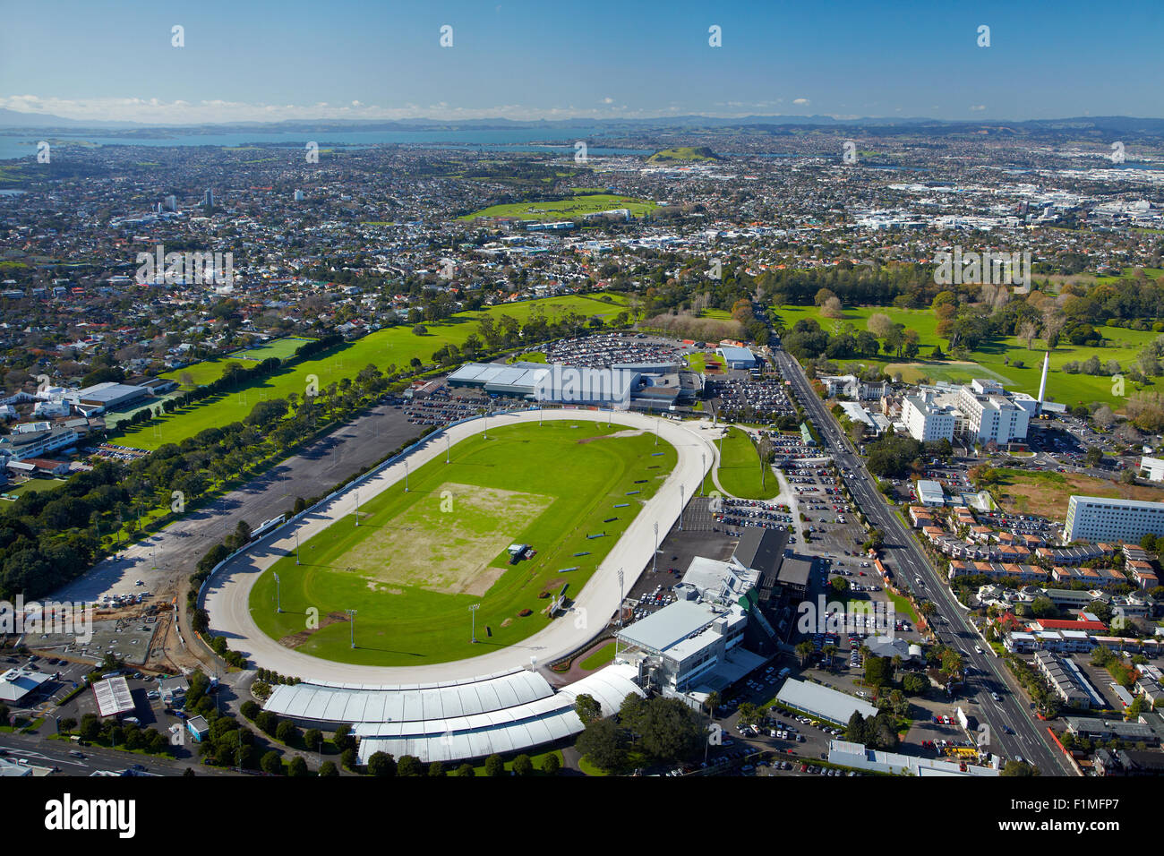 Alexandra Park Raceway, and Greenlane Clinical Centre, Auckland, North Island, New Zealand - aerial Stock Photo