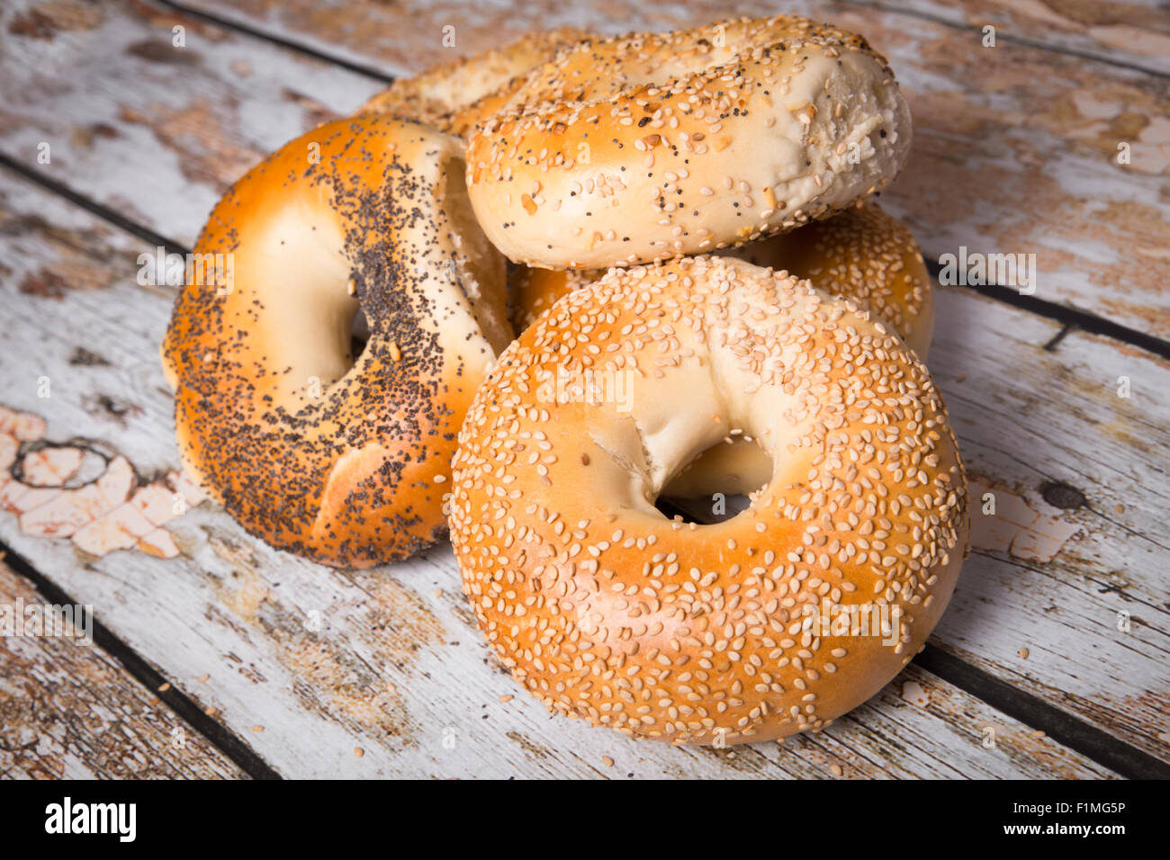 Variety of seeded authentic New York style bagels Stock Photo