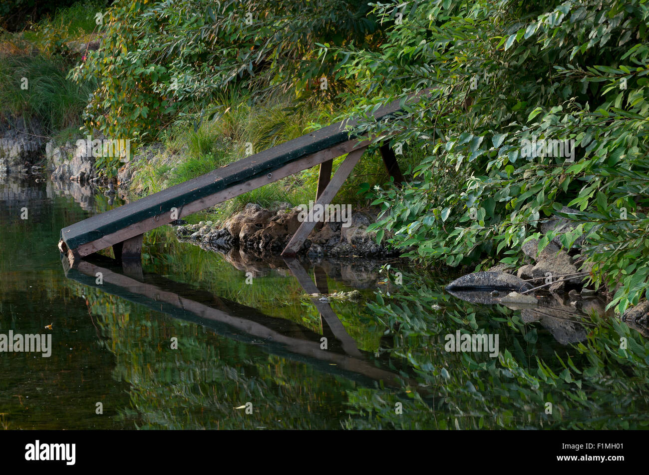 slanted wooden river launch or ramp along bank of river and reflection on water Stock Photo