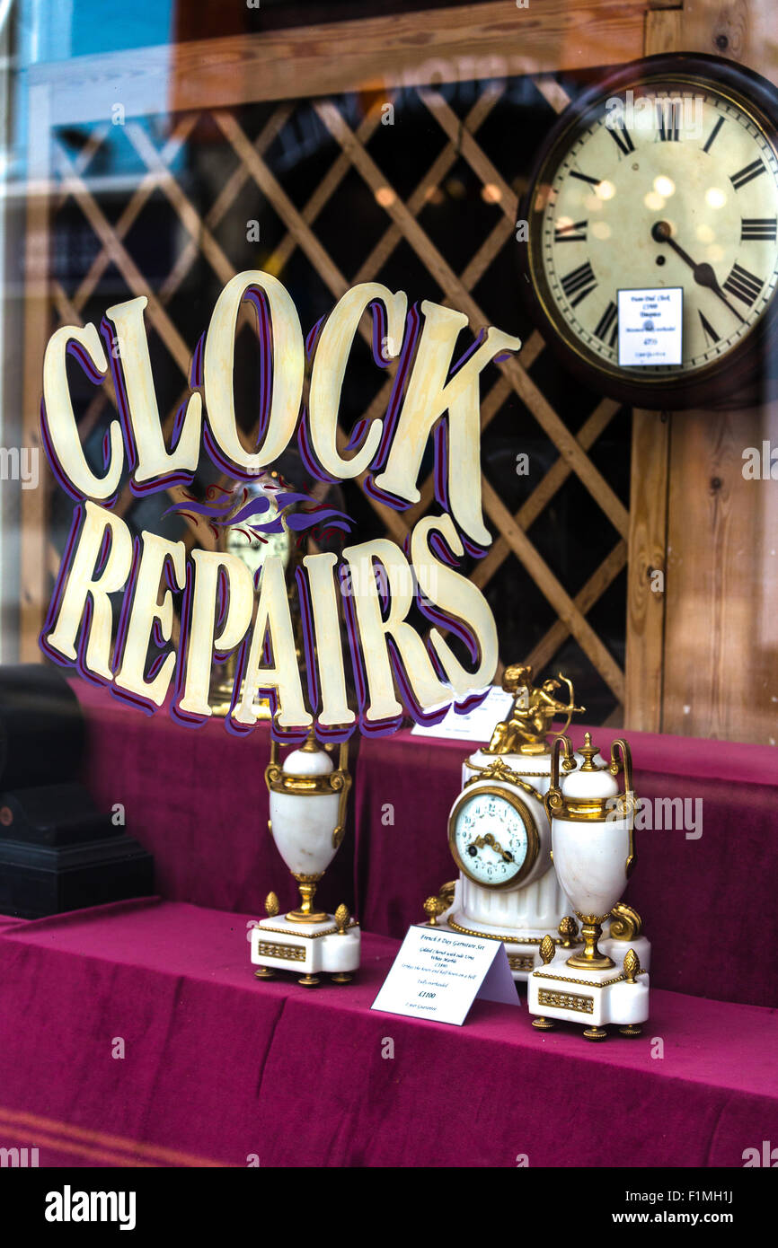 Time pieces and Clock repairs business. Shopface window Salisbury