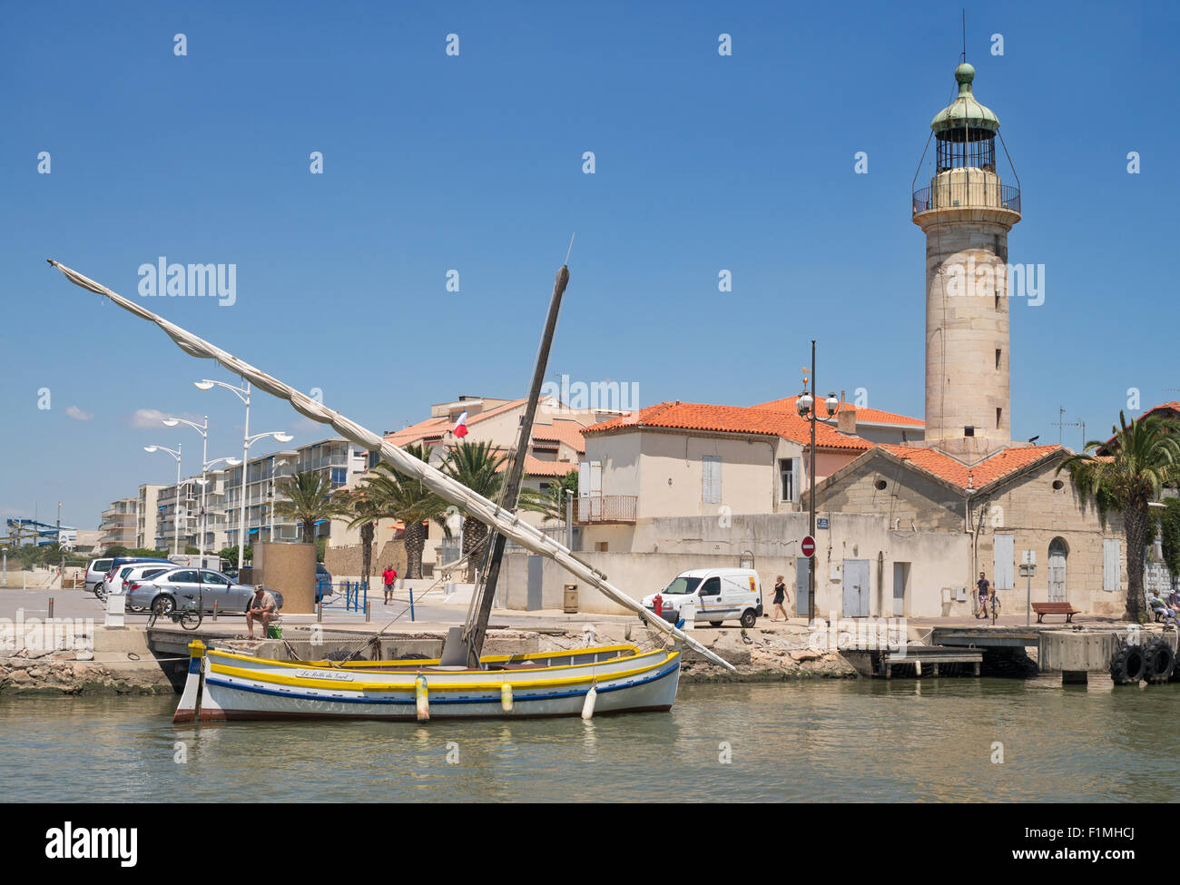 Traditional sailing boat in Le Grau-du-Roi canal, Languedoc-Roussillon, France, Europe Stock Photo