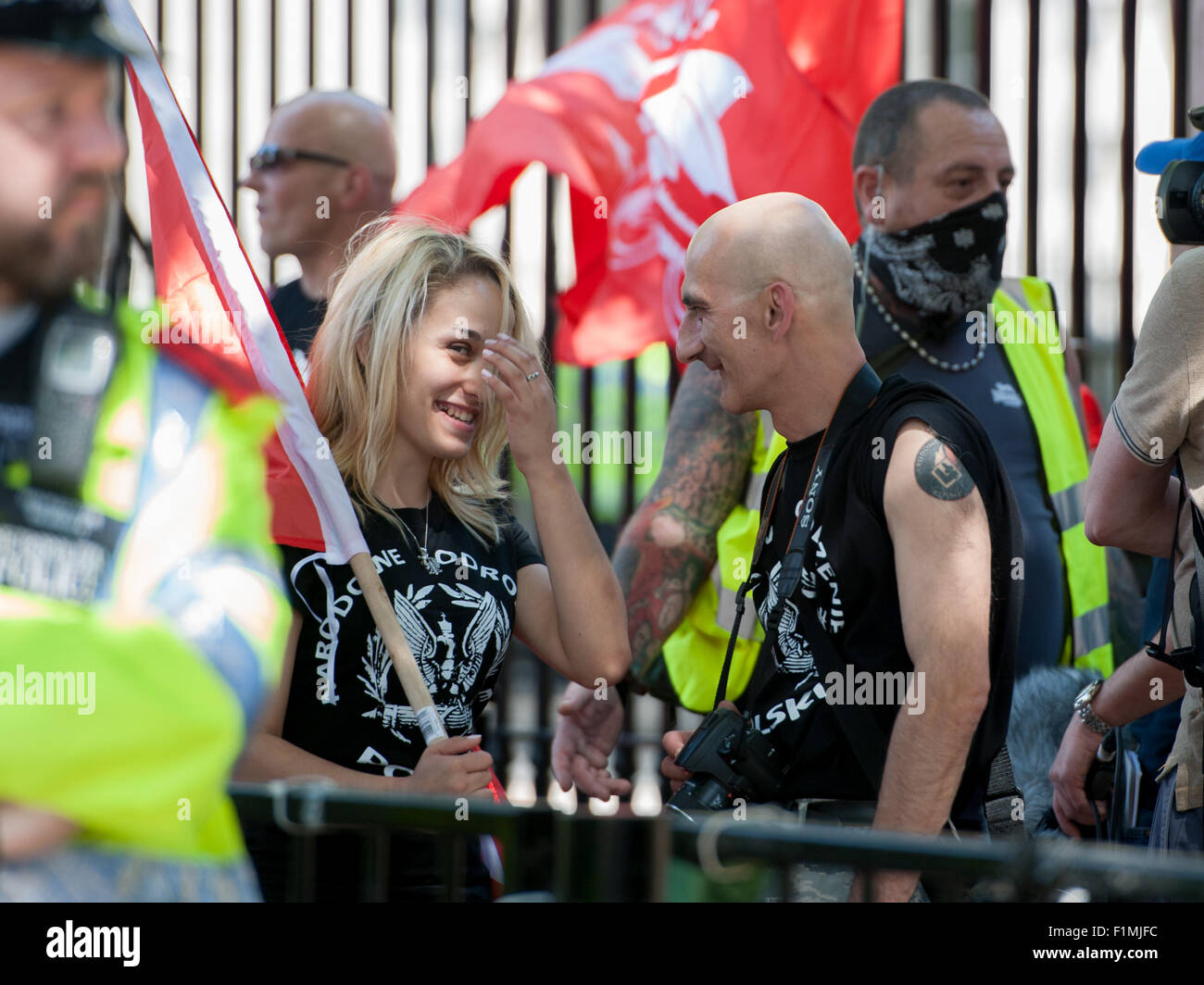 Far-right, anti-Semitic and racist groups hold a rally whilst anti-fascists hold a counter-protest nearby in London's Whitehall.  Featuring: View Where: London, United Kingdom When: 04 Jul 2015 Stock Photo