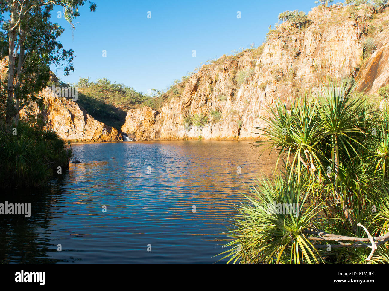 Evening light illuminating the rocks of the lower pool at Leliyn (Edith Falls), Nitmiluk National Park, Northern Territory Stock Photo