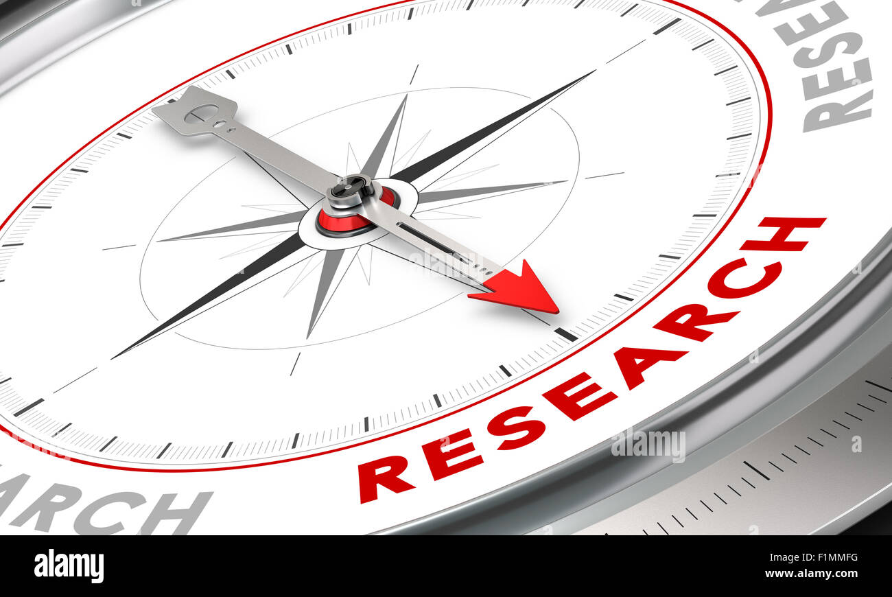 Compass with needle pointing the word research. Conceptual illustration for cognition development and inovation. Stock Photo