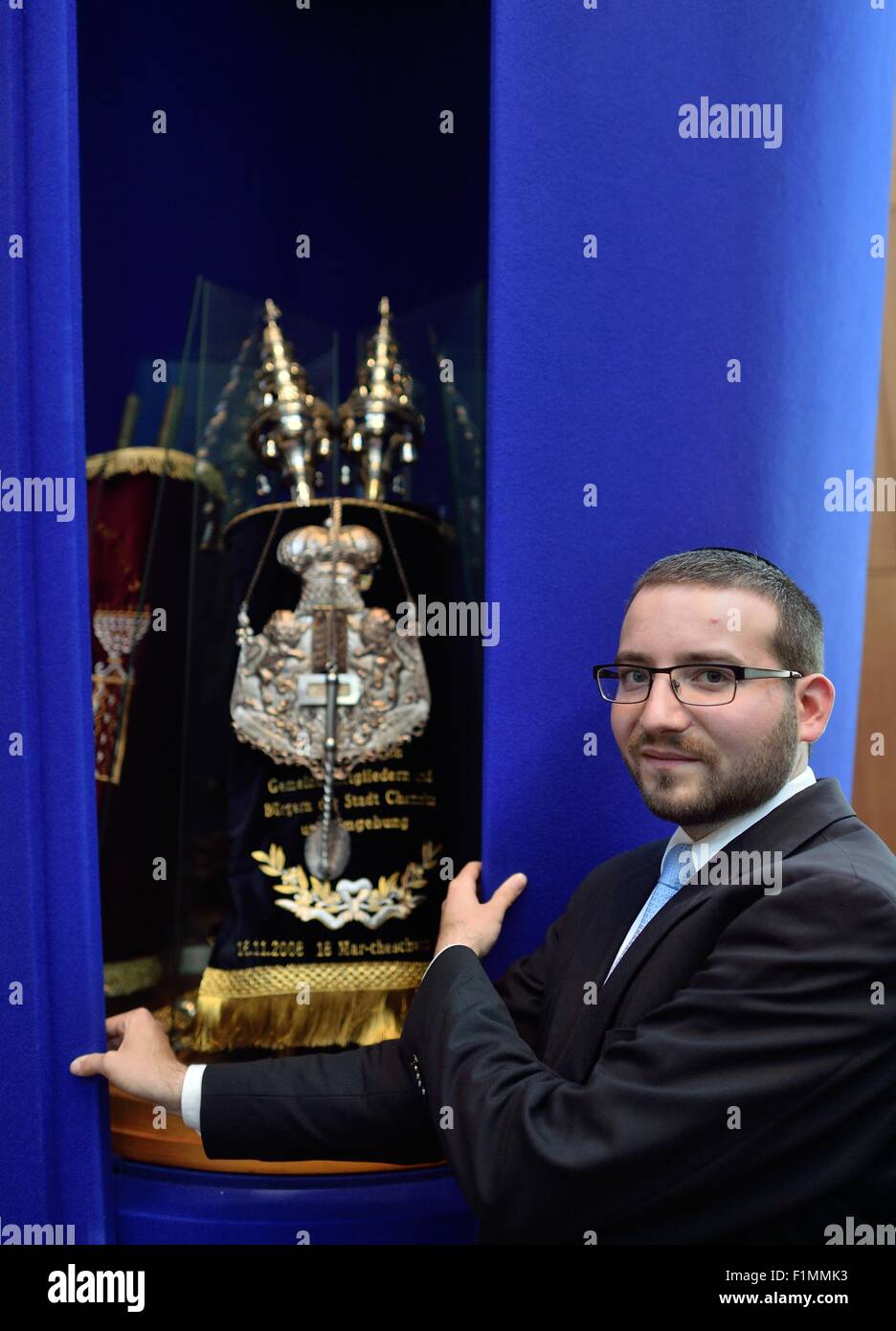Chemnitz, Germany. 4th Sep, 2015. The prospective Rabbi of the Jewish community in Chemnitz, Jakov Pertsovsky, stands by the Torah at the new synagogue in Chemnitz, Germany, 4 September 2015. The 28-year-old will officially take office on Sunday 6 September, making him the city's first Rabbi in 77 years. PHOTO: HENDRIK SCHMIDT/DPA/Alamy Live News Stock Photo