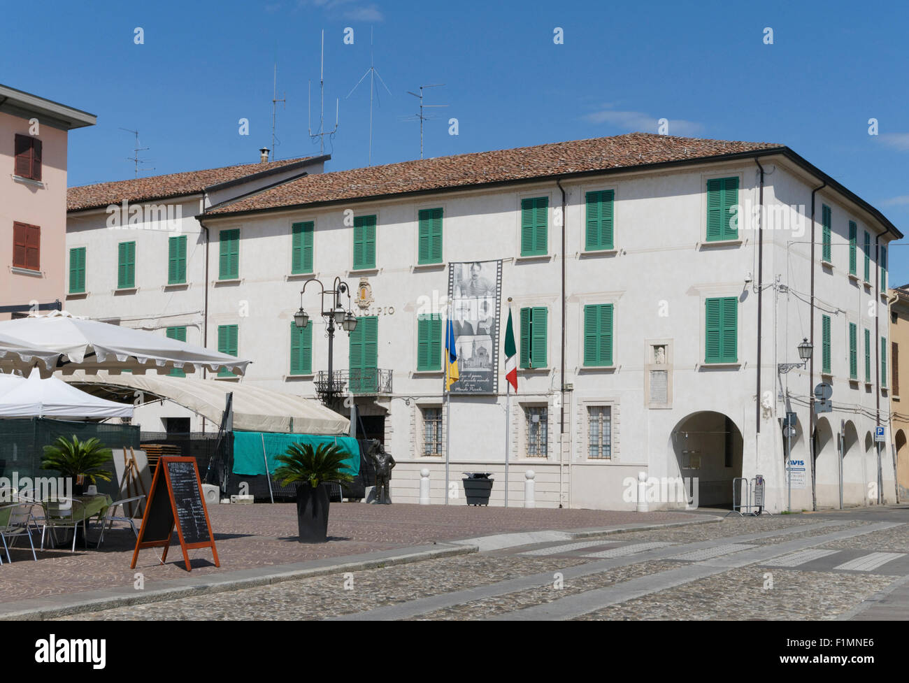 town hall in Piazza Matteotti, Brescello, Reggio Emilia province, Emilia Romagna, Italy Stock Photo
