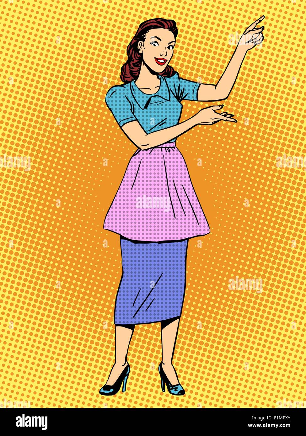 Housewife shows hands retro style pop art Stock Vector
