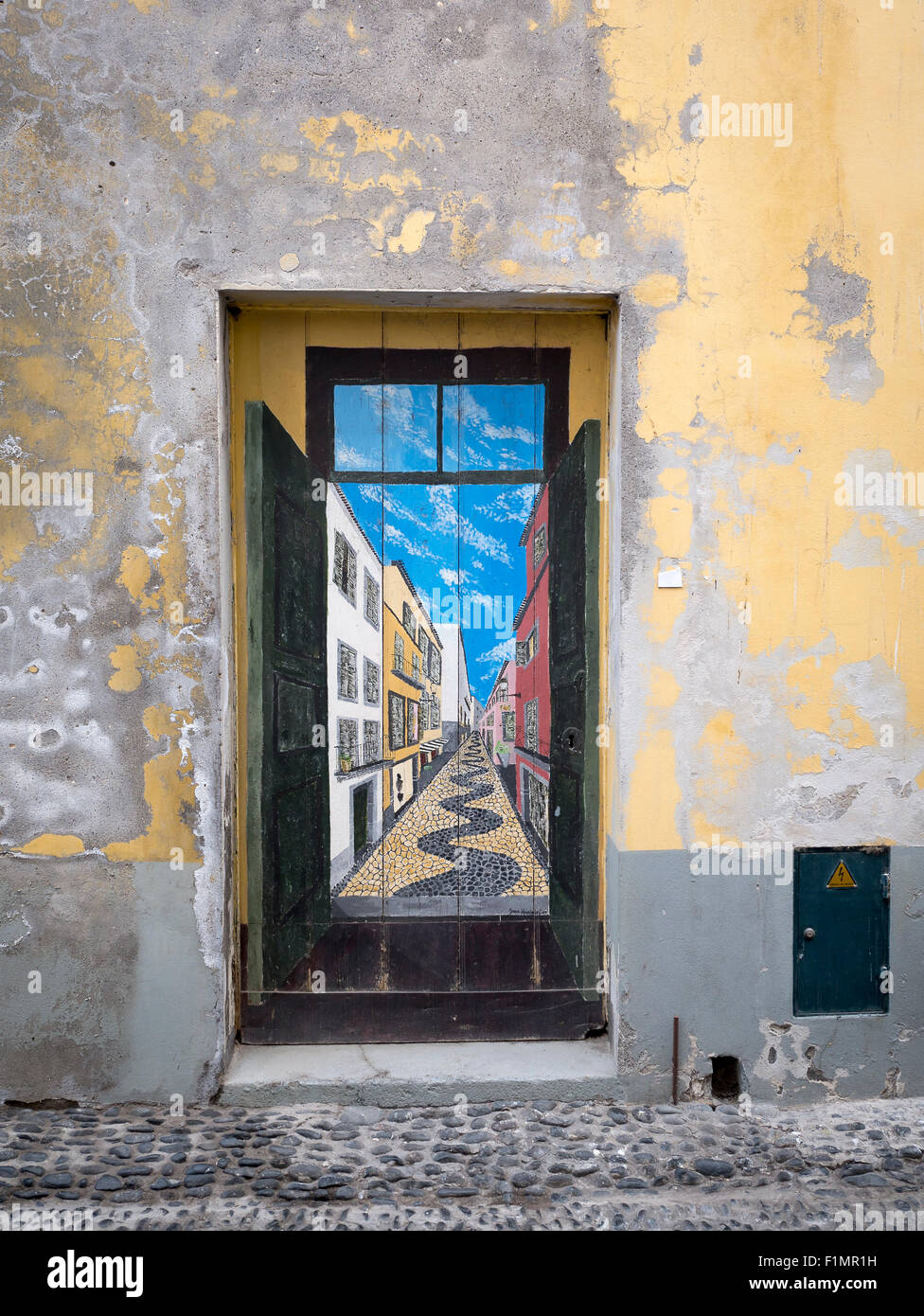 The Painted Doors of Funchal Old Town, Madeira, Portugal. ArT of opEN doors project in Rua de Santa Maria of Funchal Stock Photo