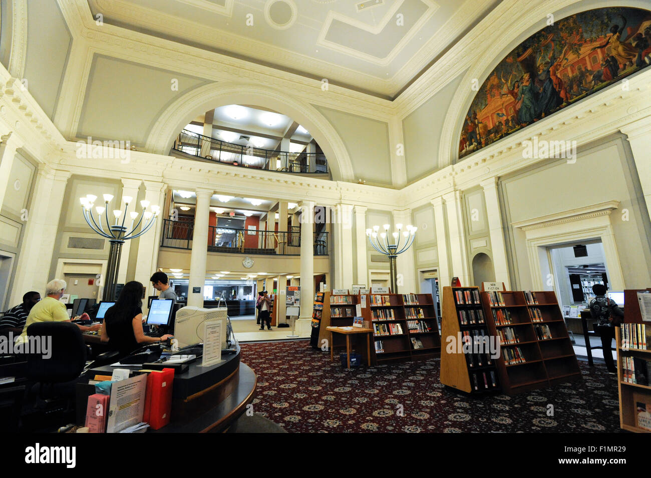 New Haven Free Public Library, New Haven, Connecticut. Lunette mural designed by Bancel La Farge and painted by Deane Keller. Stock Photo