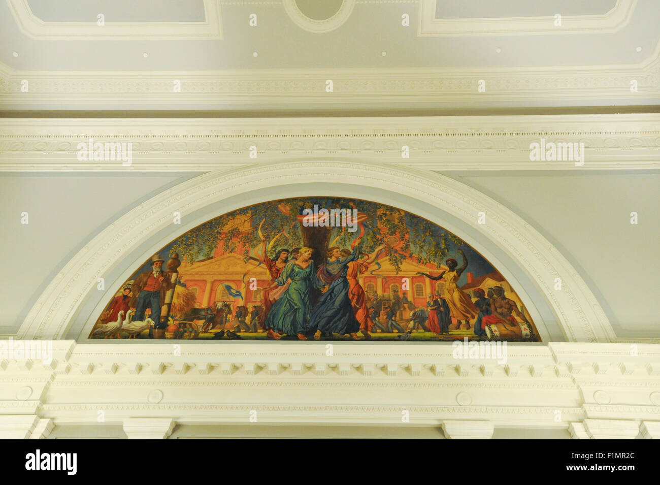 New Haven Free Public Library, New Haven, Connecticut. Lunette mural designed by Bancel La Farge and painted by Deane Keller. Paint mixed with beeswax. Stock Photo
