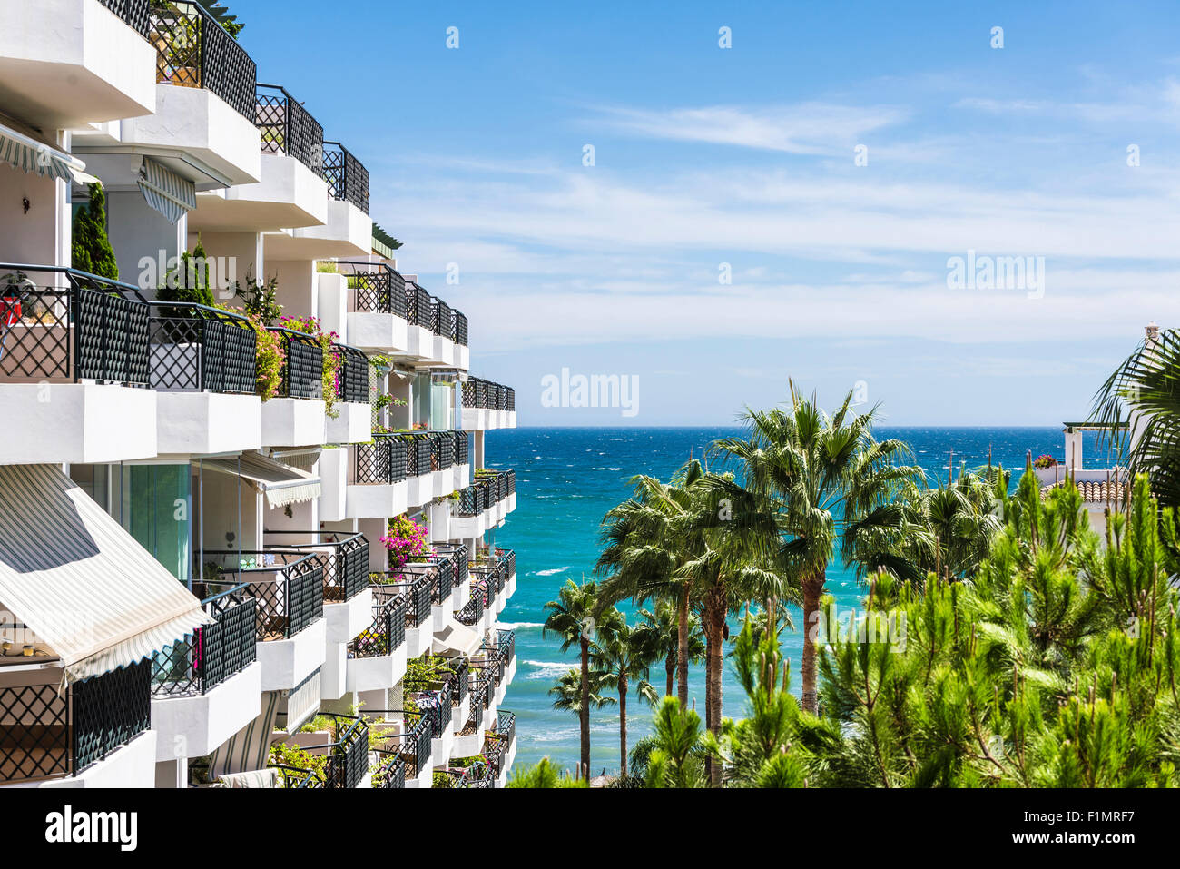 View of Apartments on the seafront in the Costa del Sol, Andalusia, Spain Stock ...