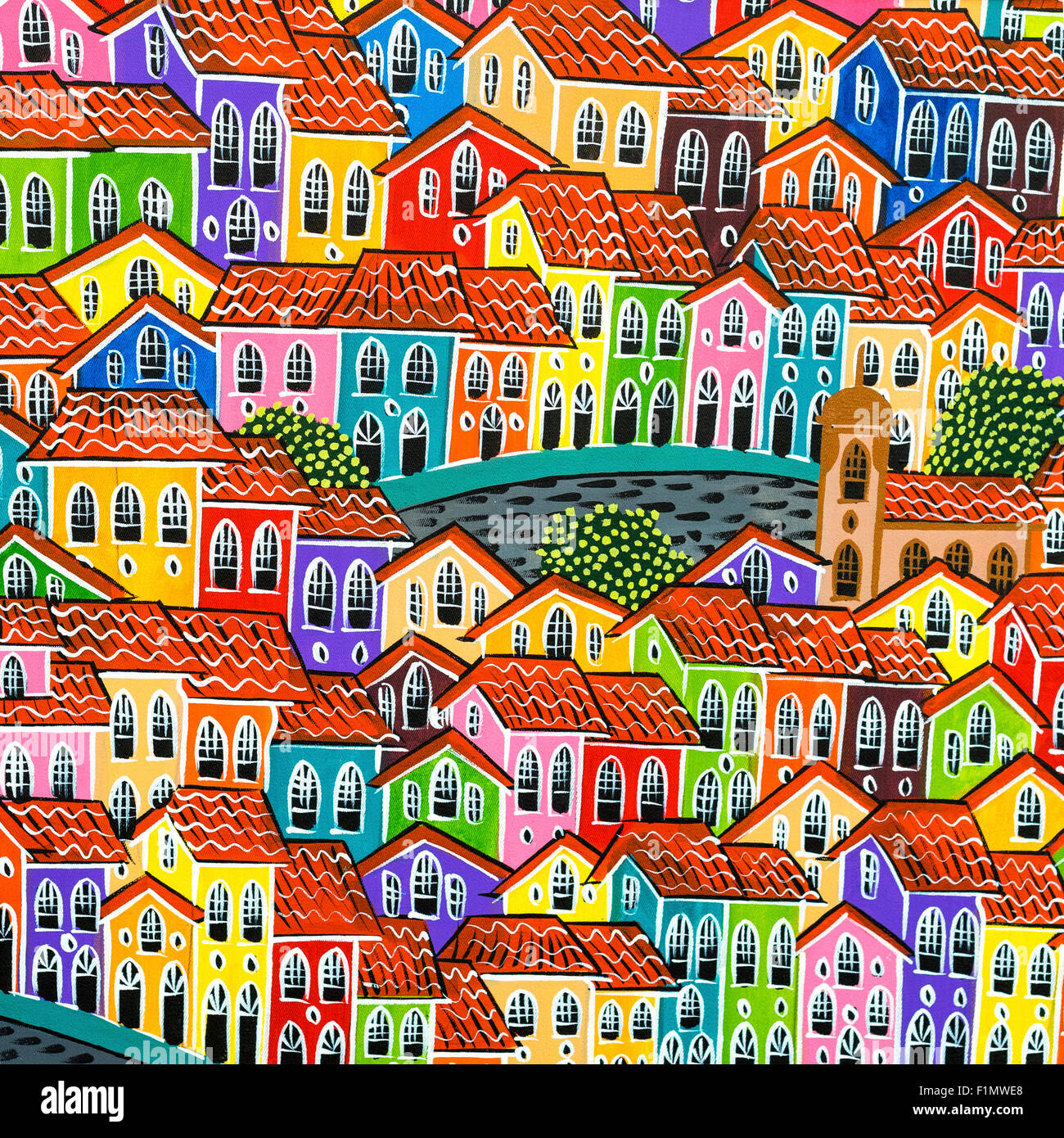 Colorful painting of the old colonial houses of Pelourinho by street artist in Salvador, Bahia, Brazil. Stock Photo