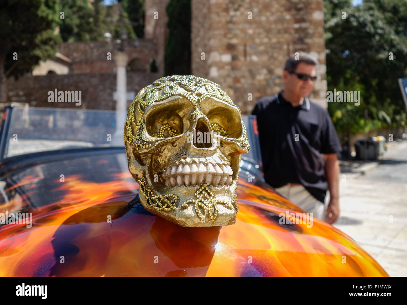 Golden skull on frontal of a tuned 1929 Ford A, 4 cilinder 50 HP 3300cc. Malaga, Spain. Stock Photo