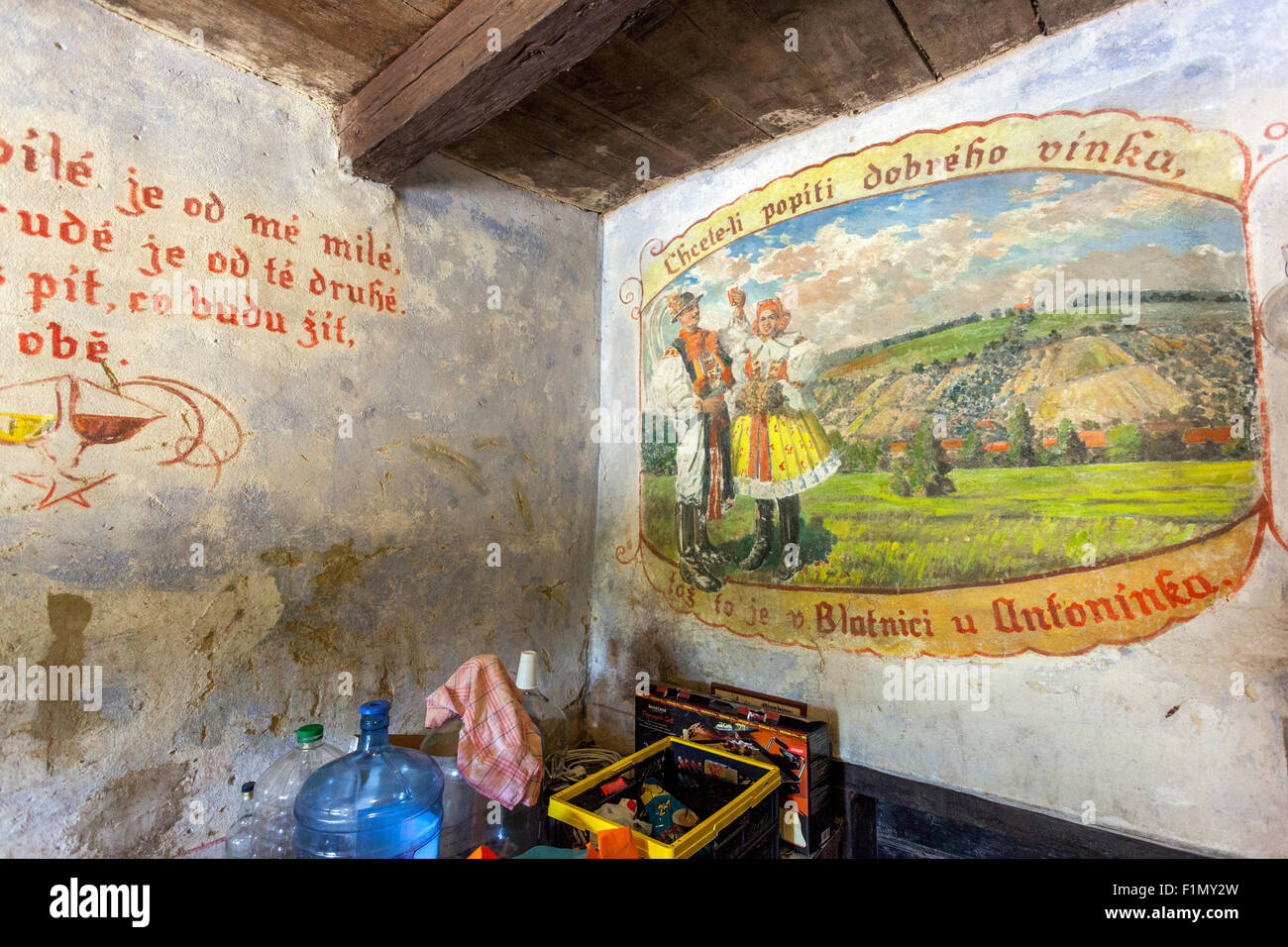 Moravian wine cellar, Blatnice pod Svatym Antoninkem, Region Slovacko, South Moravia, Czech Republic countryside on the wall Europe Stock Photo