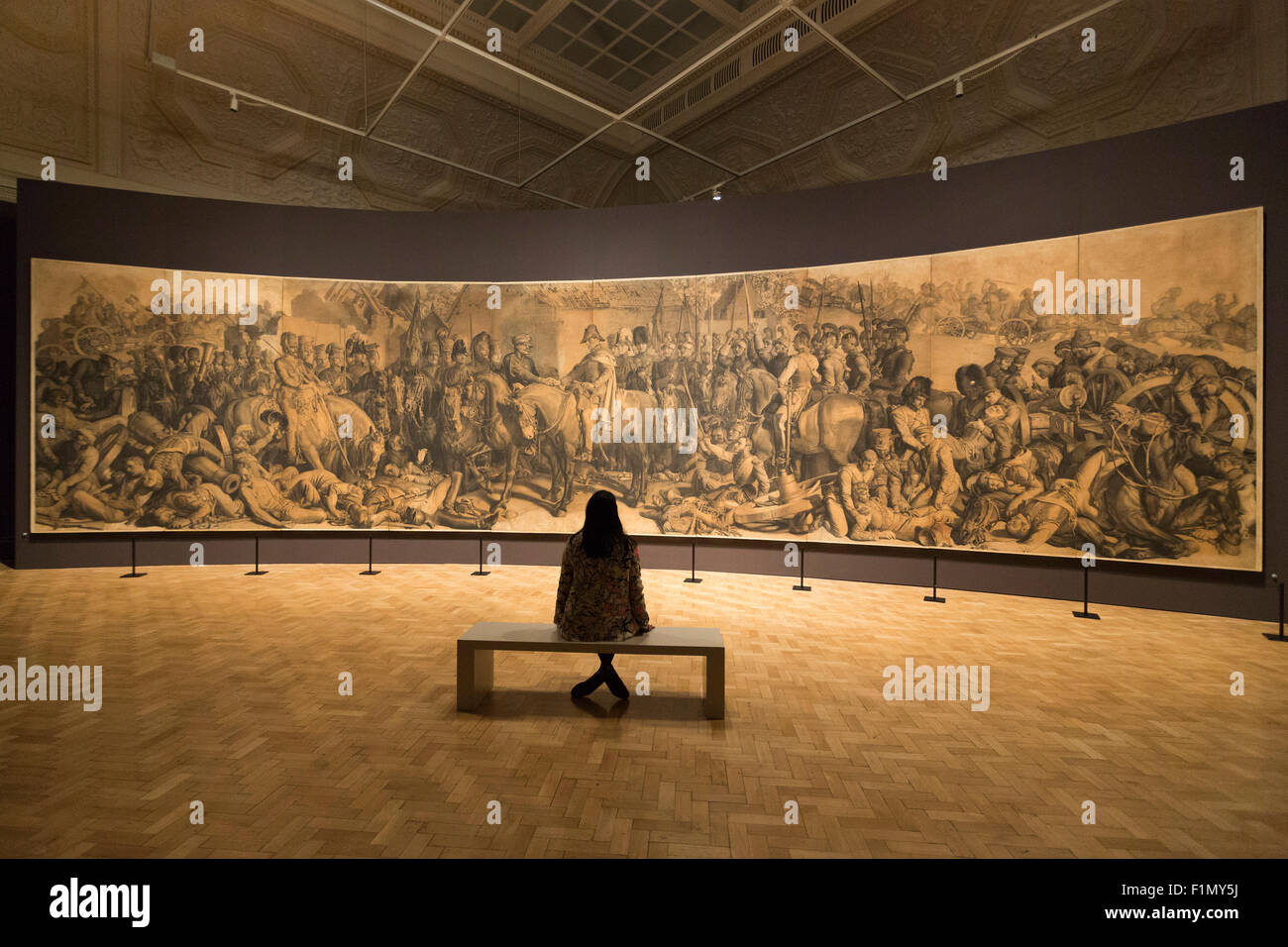 London, UK. 1 September 2015. In commemoration of the 200th anniversary of the Battle of Waterloo, Daniel Maclise's monumental drawing goes on display for the first time in 40 years at the Royal Academy of Arts (2 September 2015 to 3 January 2016). A work of epic scale and dramatic force, 'The Meeting of Wellington and Bluecher after the Battle of Waterloo', 1858-1859, is over 13 metres wide and 3 metres high. It is one of the largest and most detailed cartoons to survive in the UK. Conservation treatment has been carried out by the Royal Academy. Stock Photo