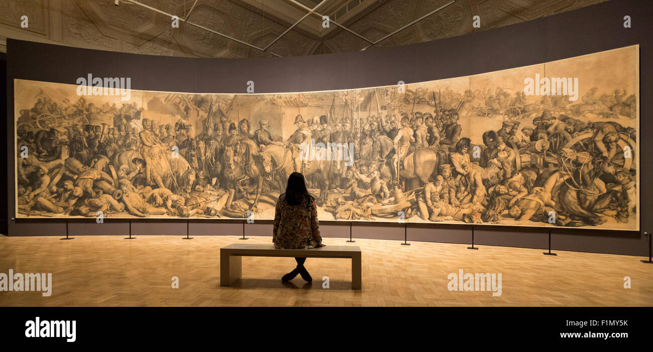 London, UK. 1 September 2015. In commemoration of the 200th anniversary of the Battle of Waterloo, Daniel Maclise's monumental drawing goes on display for the first time in 40 years at the Royal Academy of Arts (2 September 2015 to 3 January 2016). A work of epic scale and dramatic force, 'The Meeting of Wellington and Bluecher after the Battle of Waterloo', 1858-1859, is over 13 metres wide and 3 metres high. It is one of the largest and most detailed cartoons to survive in the UK. Conservation treatment has been carried out by the Royal Academy. Stock Photo