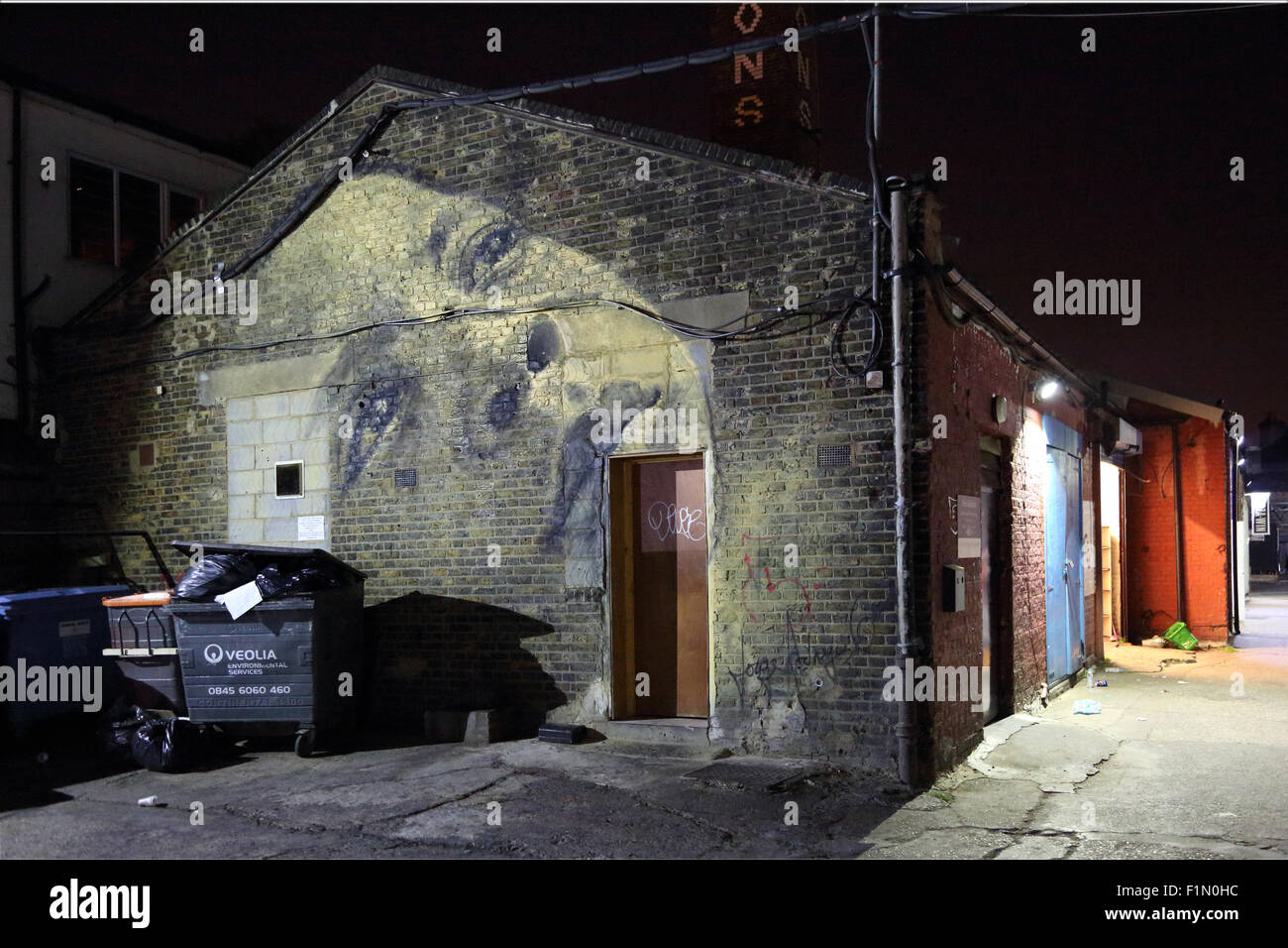 Ghostly face. A mural of a woman's face painted on the gable end of an old industrial building in Peckham, south east London Stock Photo