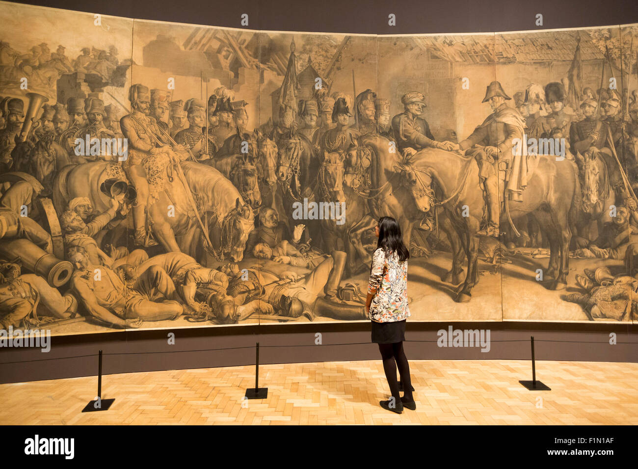 London, UK. 1 September 2015. In commemoration of the 200th anniversary of the Battle of Waterloo, Daniel Maclise's monumental drawing goes on display for the first time in 40 years at the Royal Academy of Arts (2 September 2015 to 3 January 2016). A work of epic scale and dramatic force, "The Meeting of Wellington and Bluecher after the Battle of Waterloo", 1858-1859, is over 13 metres wide and 3 metres high. It is one of the largest and most detailed cartoons to survive in the UK. Conservation treatment has been carried out by the Royal Academy. Stock Photo