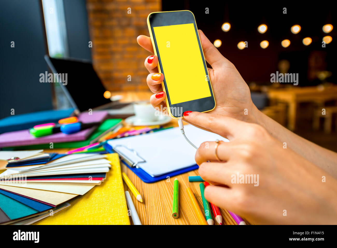 Smart phone with empty screen on colorful working space background Stock Photo