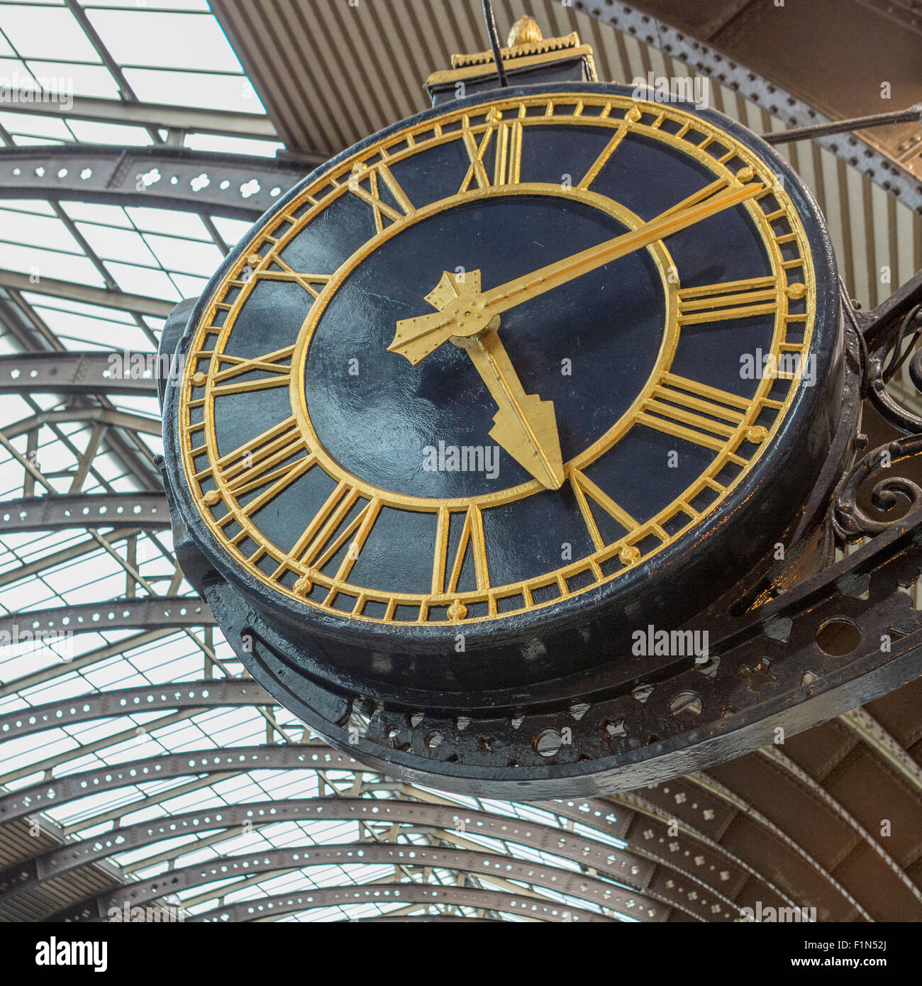 Station clock at railroad station, York, England, UK Stock Photo