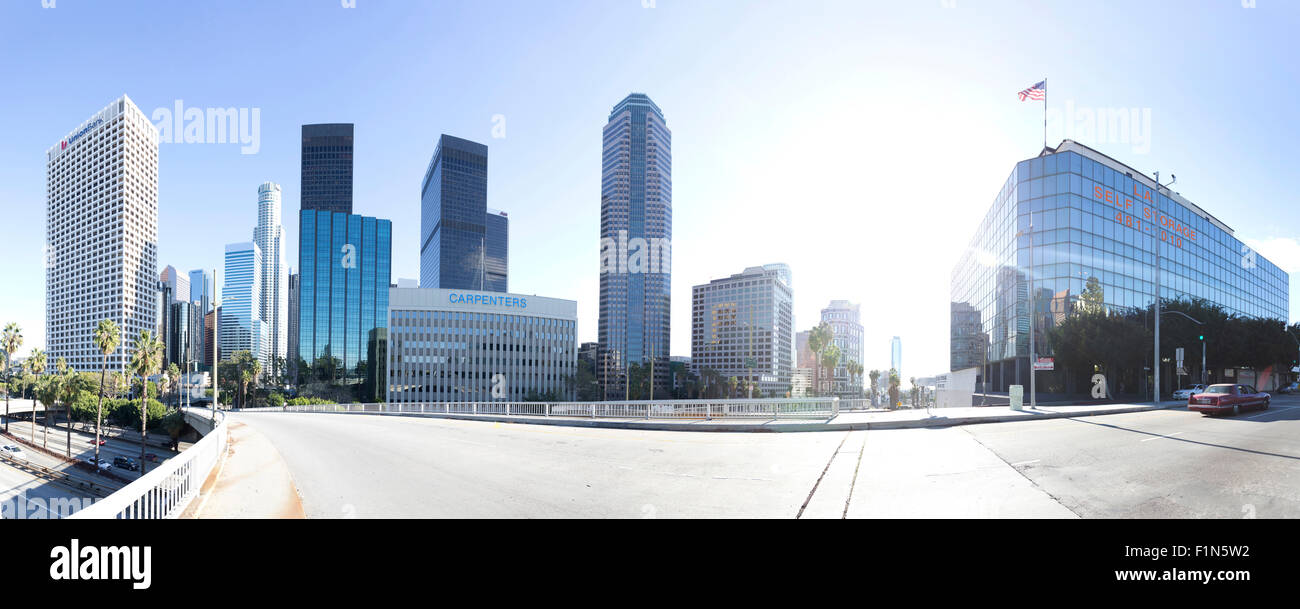 Panorama showing the Bunker Hill area of downtown Los Angles, California. Incluing many of the skyscrapers & office buildings Stock Photo