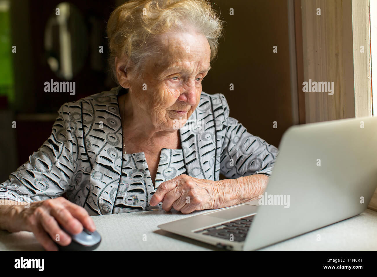 An elderly woman working on a laptop. Stock Photo