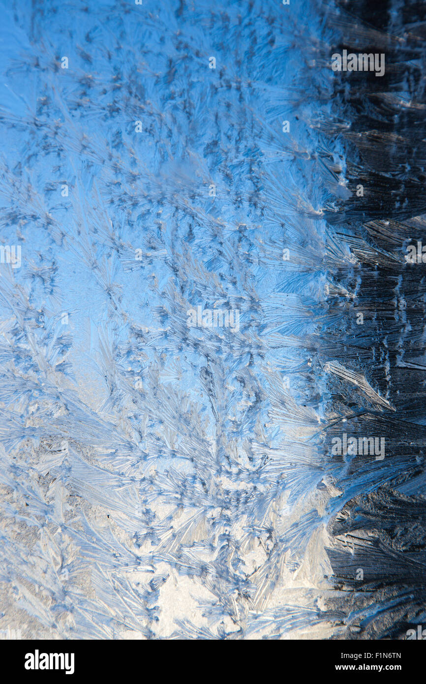 A winter frost pattern spread across glass with a dark fading to ...