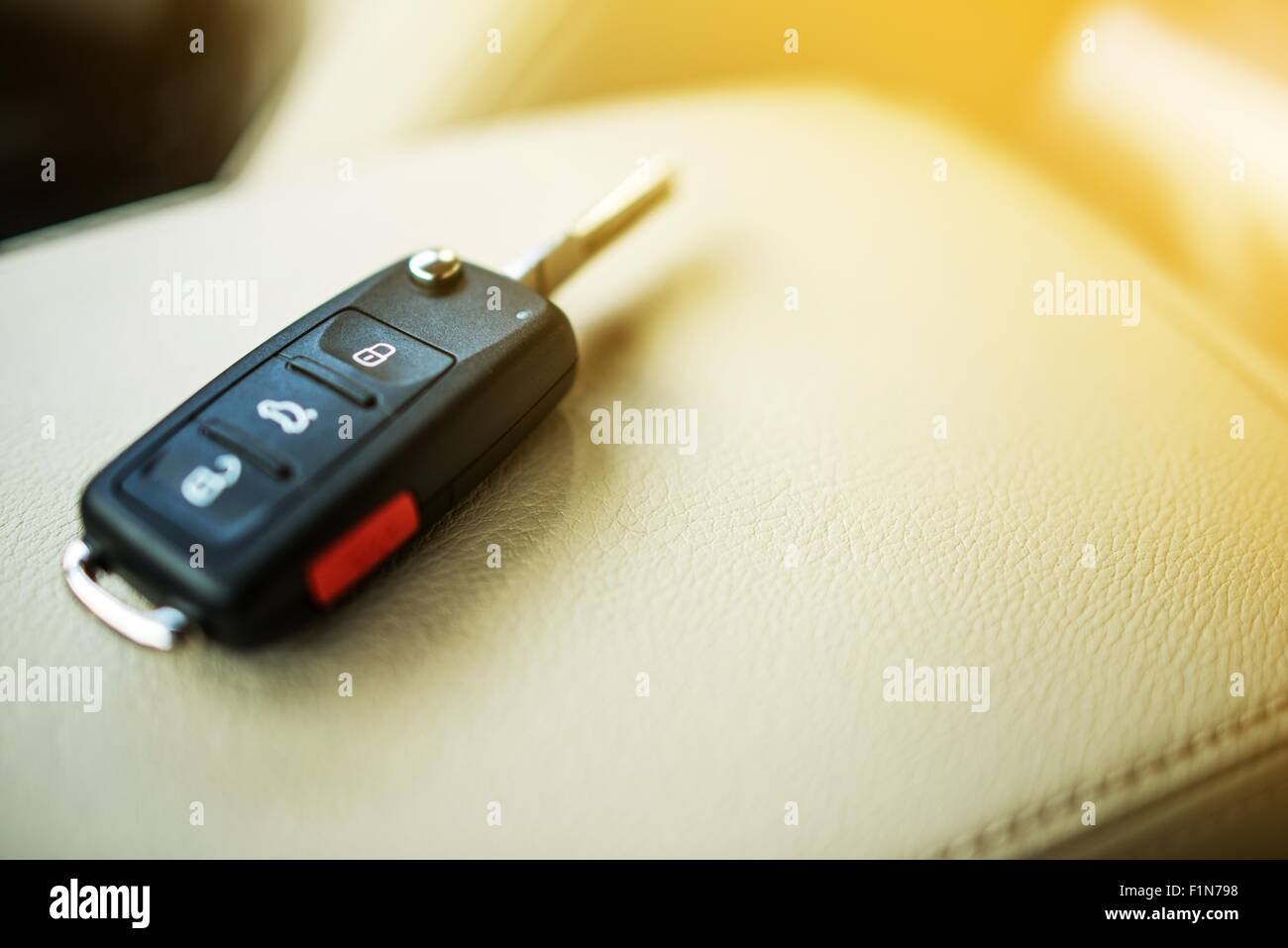 Brand New Car Keys on Leather Closeup. Cars Industry Concept. Stock Photo