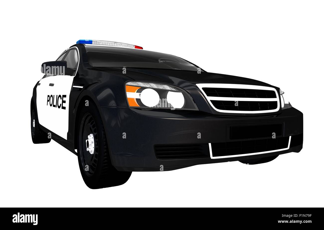 Front View Police Car. Black and White Body Modern Police Cruiser Illustration. Stock Photo
