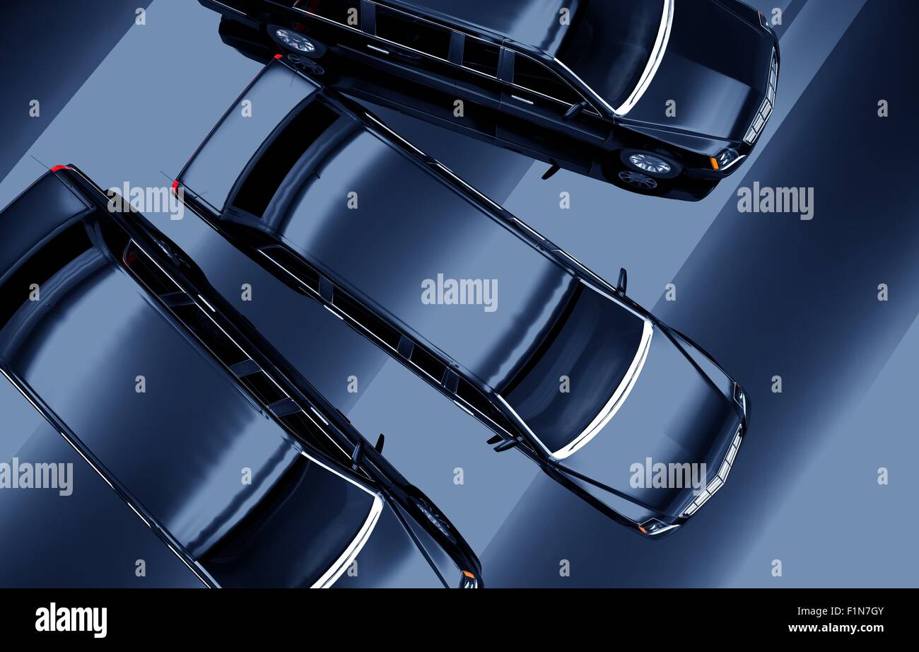 Three Luxury Stretch Limousines From Top Illustration. 3D Render Illustration. Limo Services Concept. Stock Photo
