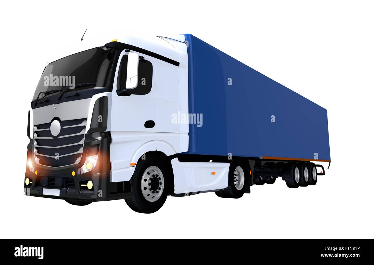 Euro Semi Trailer Truck Illustration Isolated on White. Semi Truck with Blue Trailer. Stock Photo