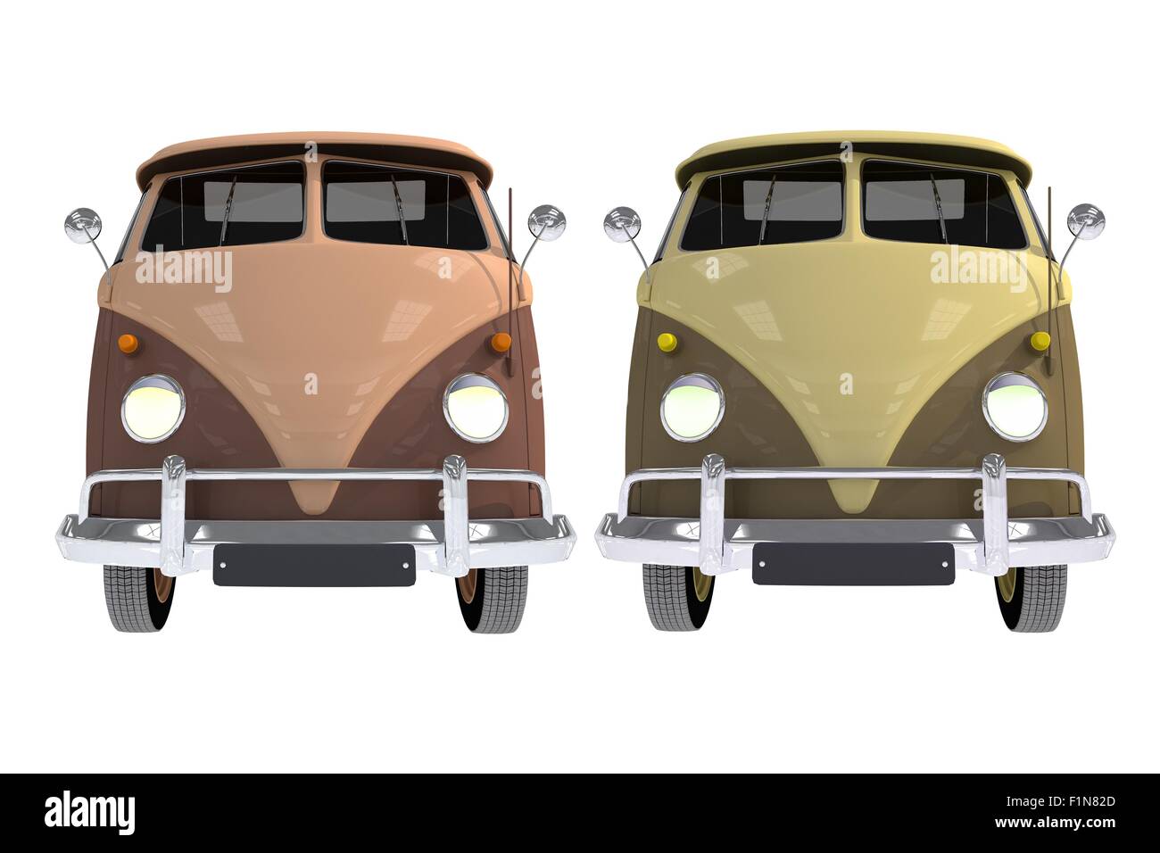 Cool Campers Front View. Vintage Camper Vans Illustration Isolated on White. Stock Photo