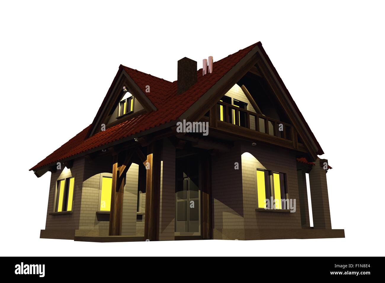 Home Evening Illumination. Single Family Home Illustration Isolated on White Background. Stock Photo