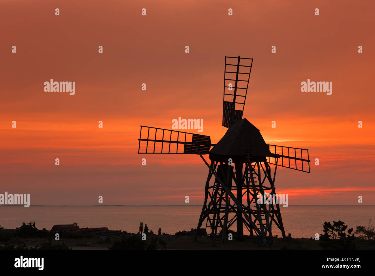 Old windmill on the island Oeland, Sweden Stock Photo