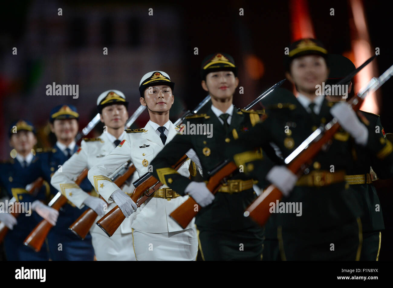 Moscow, Russia. 4th Sep, 2015. Women guards of honor of China's People's Liberation Army perform during general rehearsal of Kremlin Military Tattoo 'Spasskaya Bashnya' on Red square in Moscow, Russia, Sep. 4, 2015. © Pavel Bednyakov/Xinhua/Alamy Live News Stock Photo
