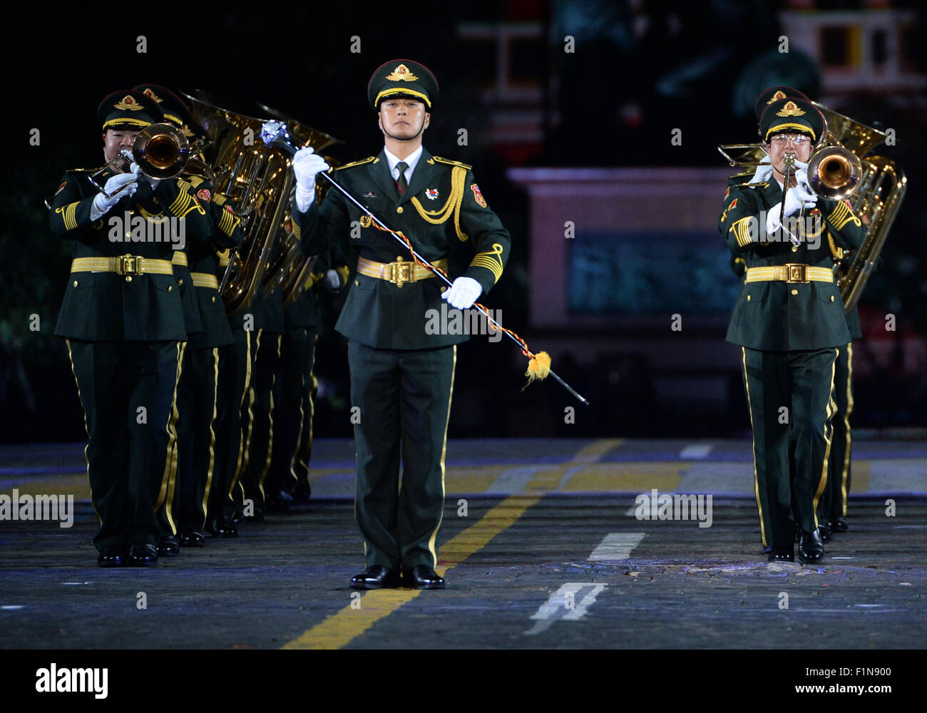 Moscow, Russia. 4th Sep, 2015. China's Military band of the People's Liberation Army perform during general rehearsal of Kremlin Military Tattoo 'Spasskaya Bashnya' on Red square in Moscow, Russia, Sep. 4, 2015. © Pavel Bednyakov/Xinhua/Alamy Live News Stock Photo