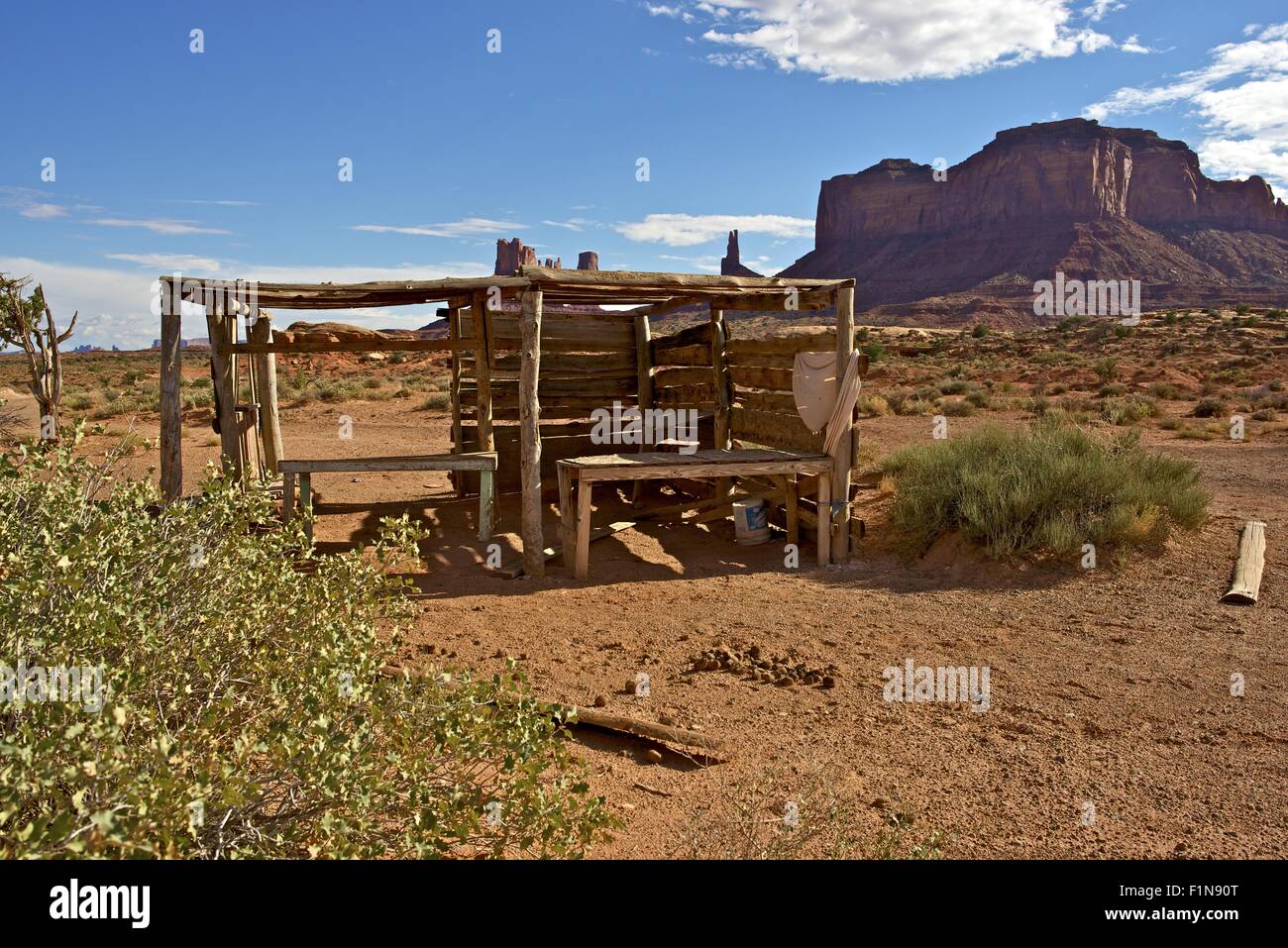 Arizona Navajo Nation Indian Reservation Landscape with Damaged Small Indian Jewelry Selling Booth. Stock Photo