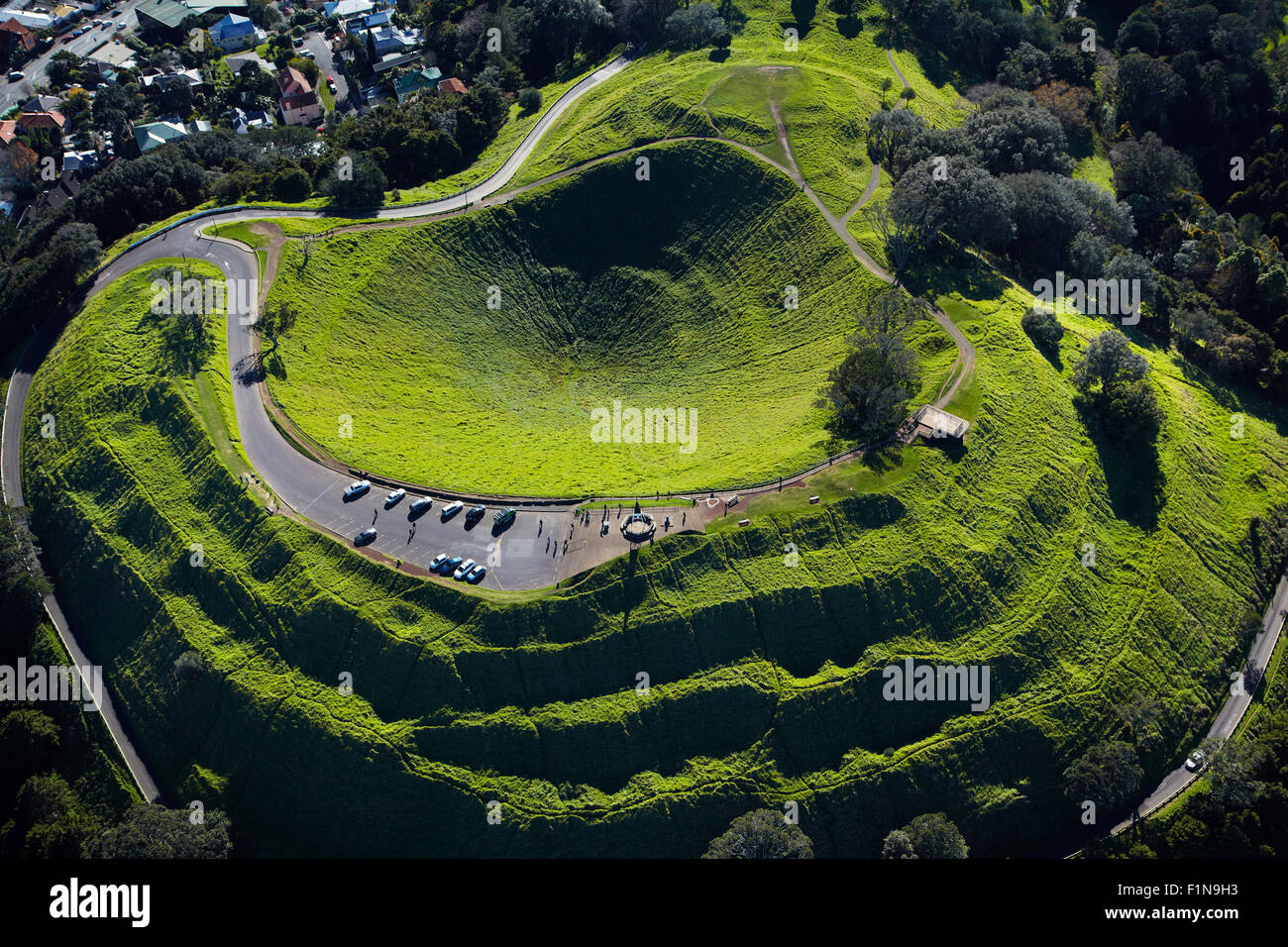 Volcanic crater, Mt Eden, ( historic Maori pa site ), Auckland, North Island, New Zealand - aerial Stock Photo