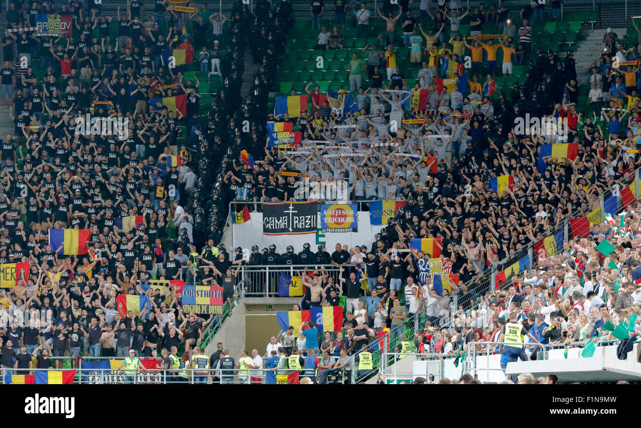 BUDAPEST, HUNGARY - SEPTEMBER 4, 2015: Romanian fans during Hungary vs. Romania UEFA Euro 2016 qualifier football match in Groupama Arena. Credit:  Laszlo Szirtesi/Alamy Live News Stock Photo