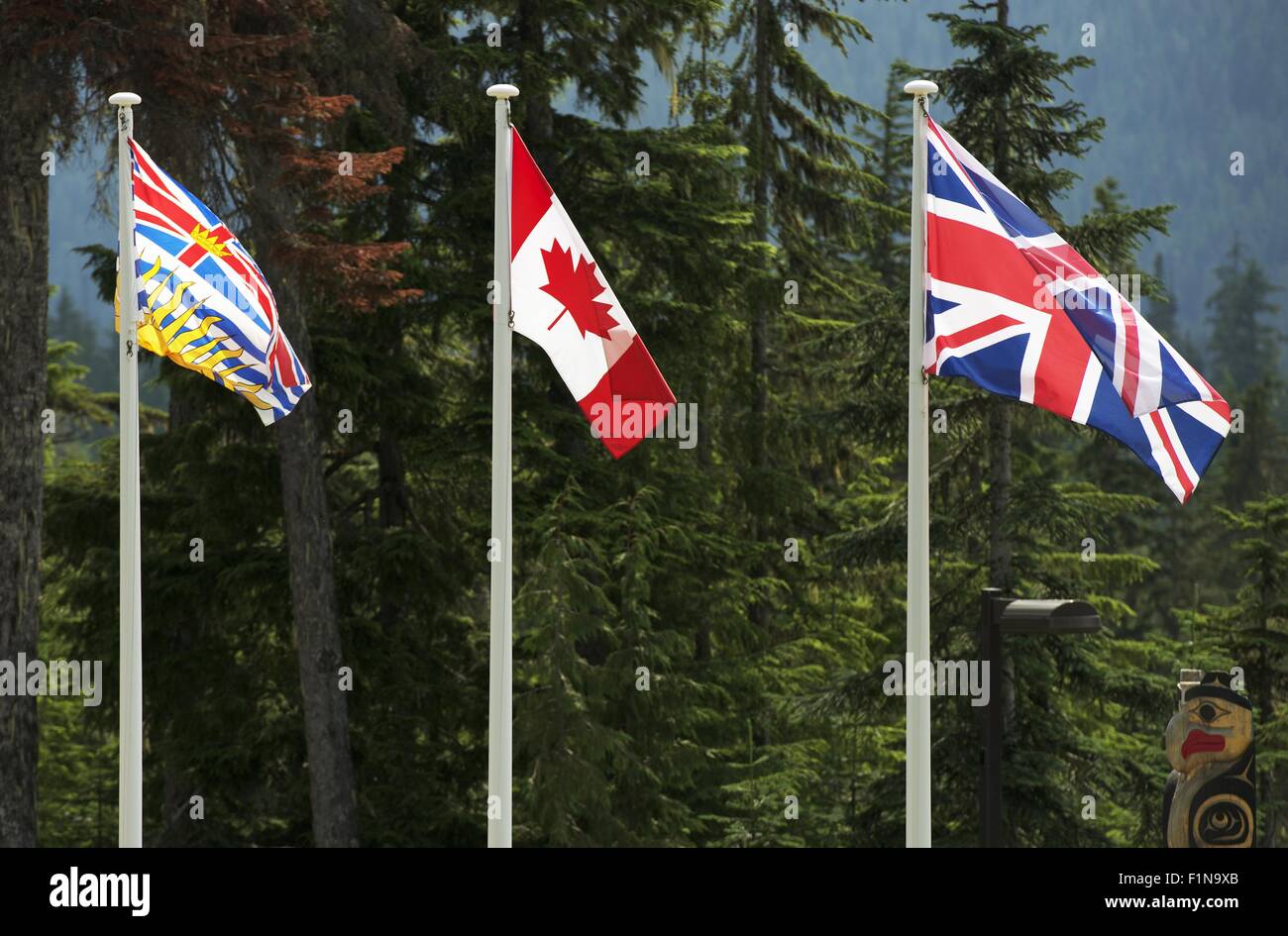 Three Canadian Flags. British Columbia, Canada National and British