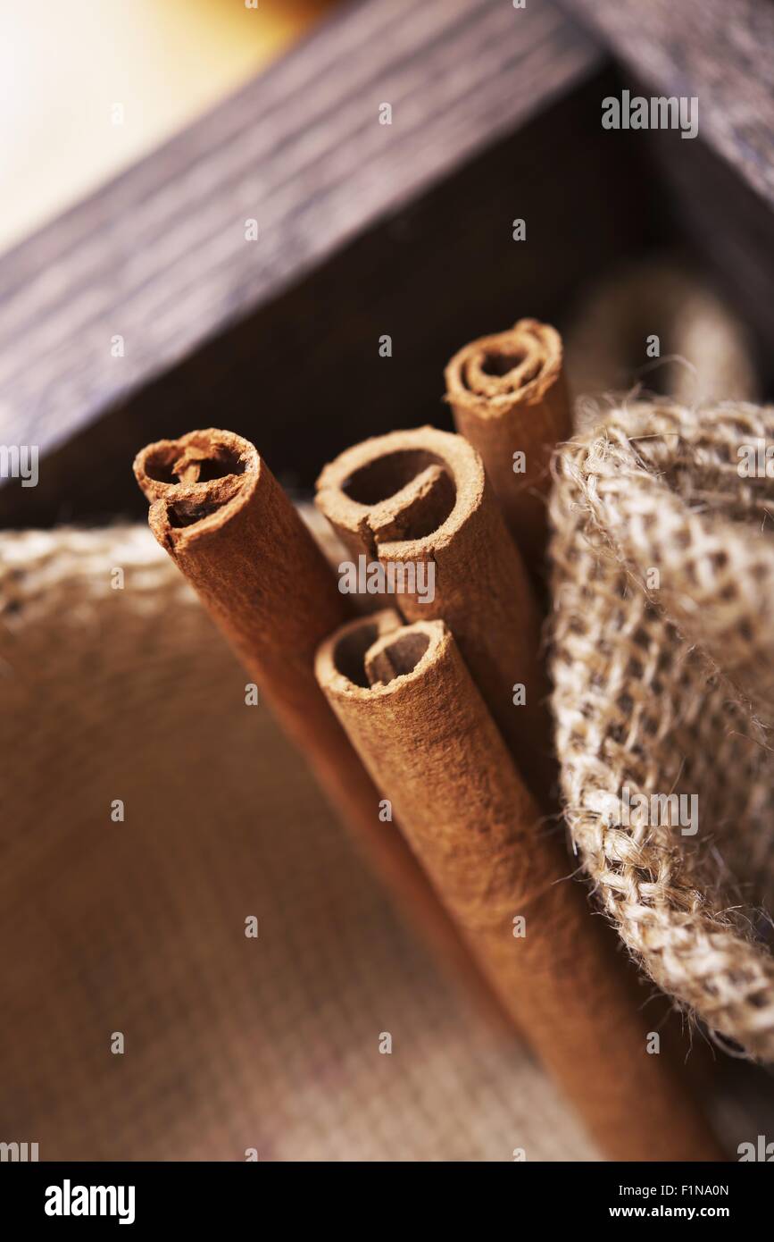 Fresh Raw Cinnamon Sticks in Wooden Crate with Canvas. Cinnamon Sticks Closeup. Stock Photo