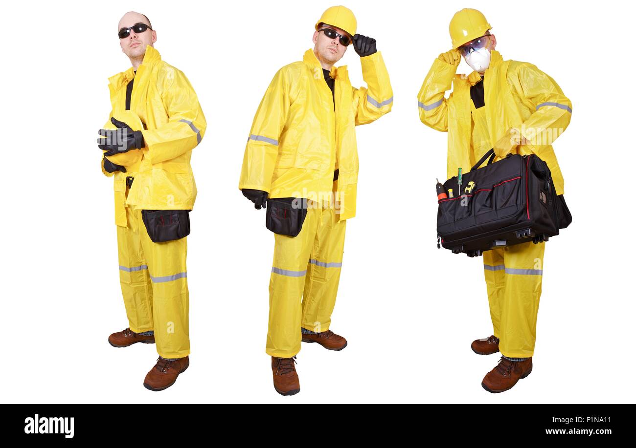 Contractor Isolated on White. Three Contractors in Yellow Rain Suit Isolated on White. Construction Business. Stock Photo