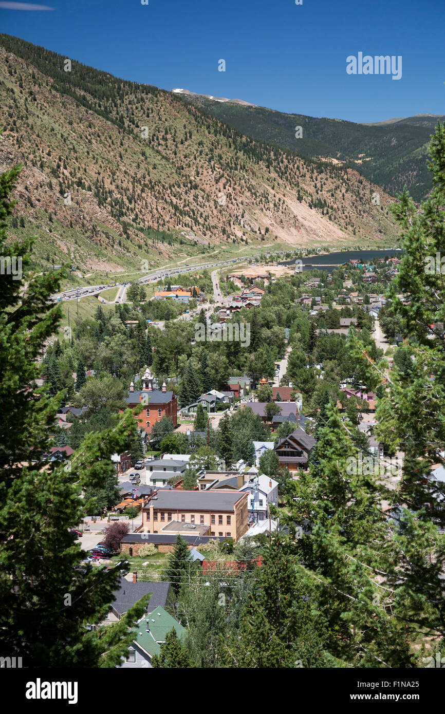 Georgetown, Colorado - A view of the historic mining town from a surrounding mountain. Stock Photo